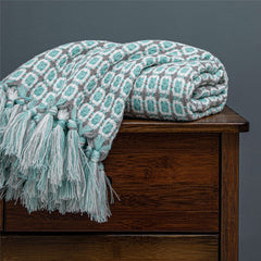 Nordic Diamond Knitted Throw Blanket with Tassels