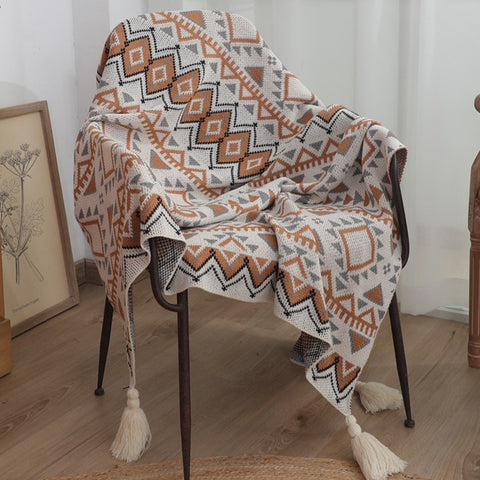 Neutral Diamond Patterned Woven Throw Blanket with Tassels